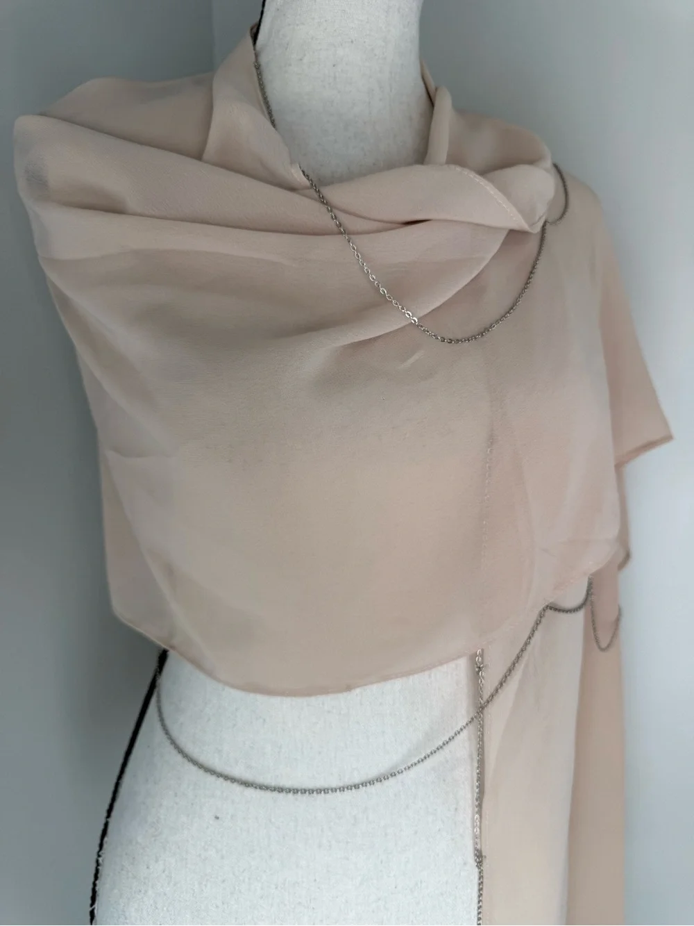 Champagne Beige Sheer Chain Trim Shawl Wrap Cape Wedding Evening Cover Up